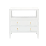The Jarin Nightstand Collection by Made Goods features quality white wood craftsmanship, an open top shelf, and two lower drawers with double round gold knobs.