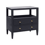 The Jarin Nightstand Collection by Made Goods features a black wooden nightstand with two drawers with gold knobs, smooth European glides, and an open shelf above, shown against a white background.