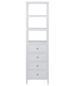 The Jarin Tall Cabinet by Made Goods offers elegant storage with three open shelves above and four soft-close drawers featuring round gold knobs below.