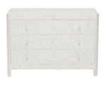 The Lexi Dresser by Made Goods showcases an Indian-inspired white floral inlay pattern with round knobs and elegant camel bone accents, beautifully crafted and viewed from the front.