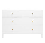 The Made Goods Maris Dresser Collection features a white dresser wrapped in faux Belgian linen, with three drawers and simple gold knobs, shown against a plain white background.