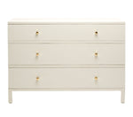 The Maris Dresser Collection by Made Goods features a white faux Belgian linen dresser with three drawers, gold round knobs, and straight legs, displayed from the front against a plain background.