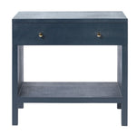 The Maris Nightstand Collection by Made Goods is a blue wooden side table with overlay drawer panels, a single drawer with two round knobs, raised feet, and an open lower shelf.