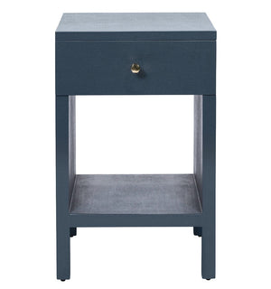 The Maris Nightstand Collection by Made Goods features a blue wooden nightstand with raised feet, a single drawer with a round gold knob and overlay panels, plus an open lower shelf.
