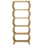 The Tottie Bookcase by Made Goods is a tall, five-tier wooden bookshelf with wave-like curved sides, a light natural finish, and subtle natural variations, shown against a white background.