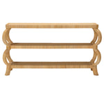 The Made Goods Tottie Console features three tiers with curved legs and woven rattan shelves, inspired by Southeast Asian craftsmanship, shown from the front on a white background.