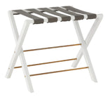 The Made Goods Walvia Luggage Rack features Duco mindi wood in white, four gray canvas straps on top, and two gold metal support bars near the bottom.