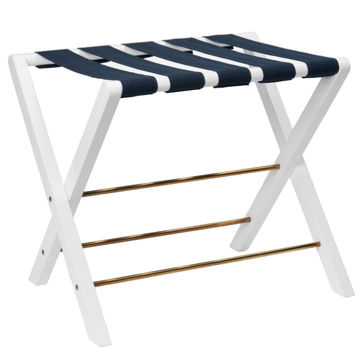 The Made Goods Walvia Luggage Rack features a white duco wood frame, navy canvas straps on top, and two gold metal support bars near the base.