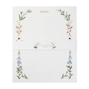 The Karen Adams Garden Note Pad features "NOTES" at the top, floral illustrations along the sides, and includes 75 lined pages.