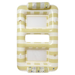 The Luxe Twin Hammock Float Casa Sand Stripe by Sunnylife features beige and white stripes, two mesh seat openings, safety instructions on the sides, and adds a signature Aussie summer vibe to your pool days.