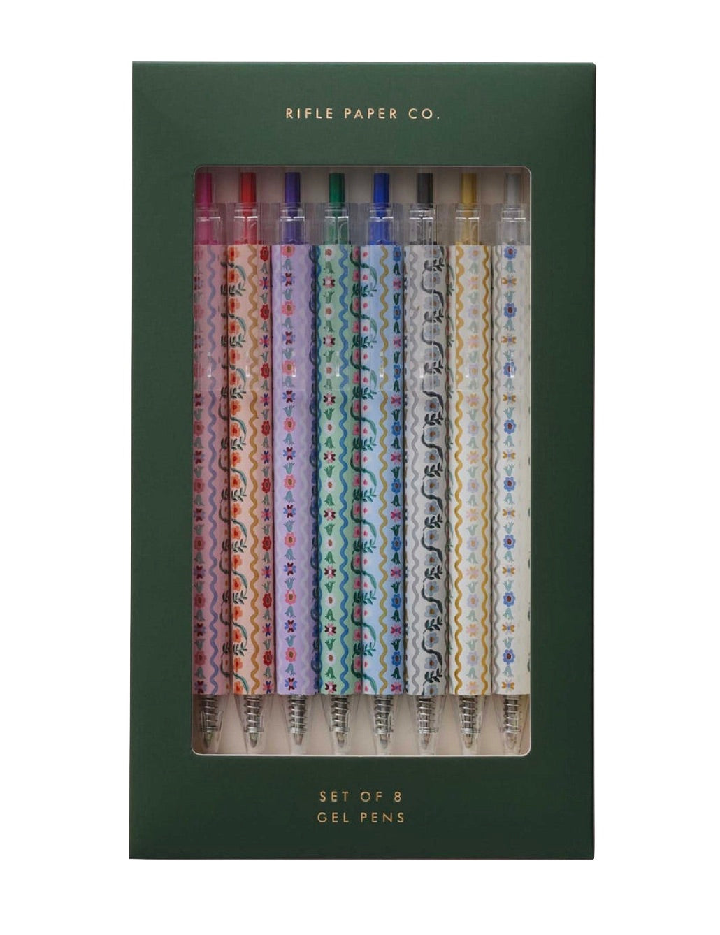 The Rifle Paper Co. Delphine Gel Pen Set features eight floral colored ink pens, arranged vertically in dark green packaging.