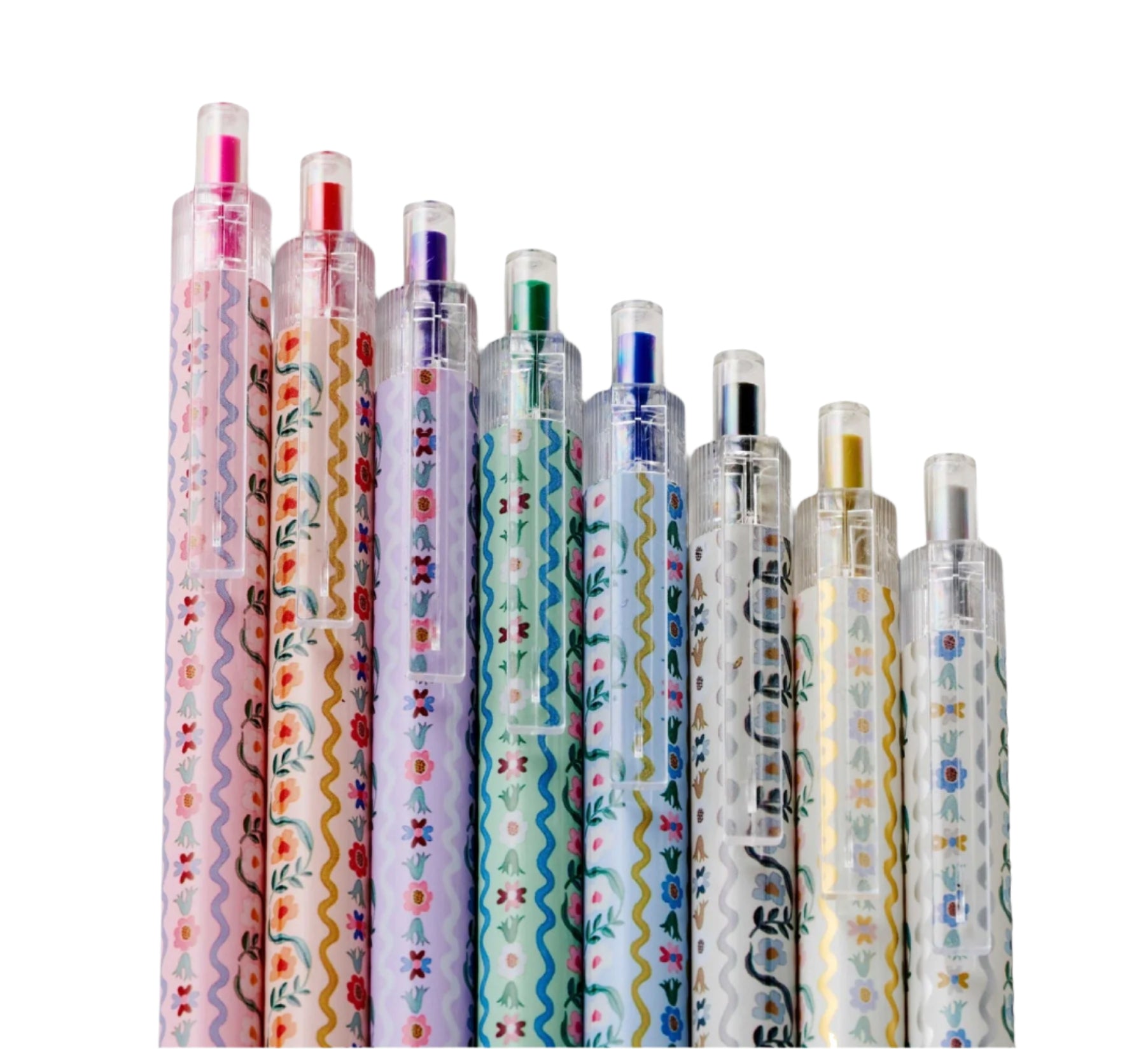 The Delphine Gel Pen Set by Rifle Paper Co. features eight floral pens with different ink colors, arranged in a row against a white background—perfect for adding charm to your collection.