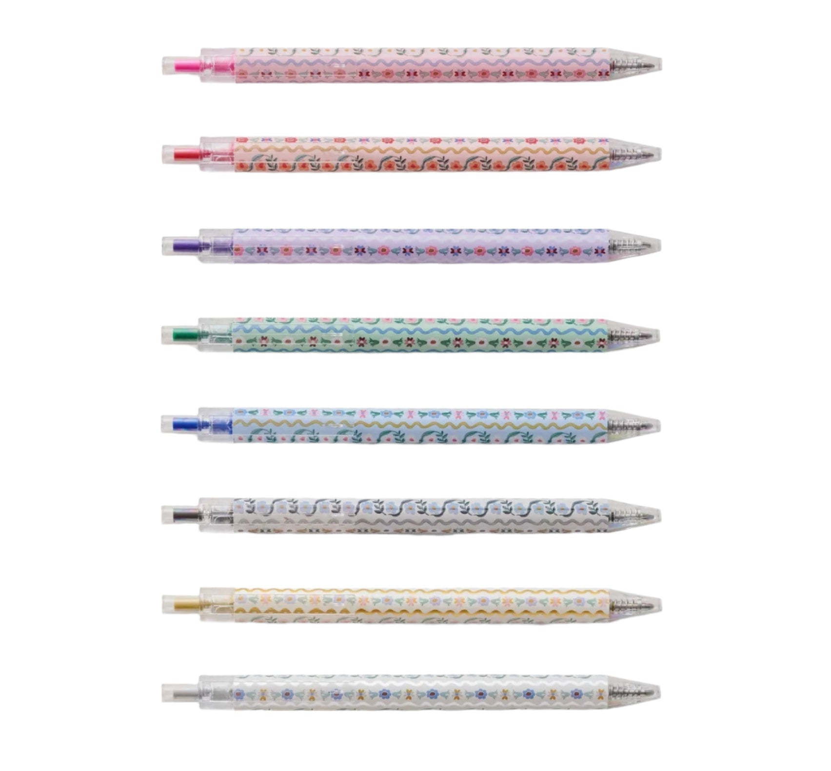The Delphine Gel Pen Set by Rifle Paper Co. features eight retractable gel pens, each with a unique color and patterned barrel—ideal for anyone who loves vibrant ink and stylish designs.