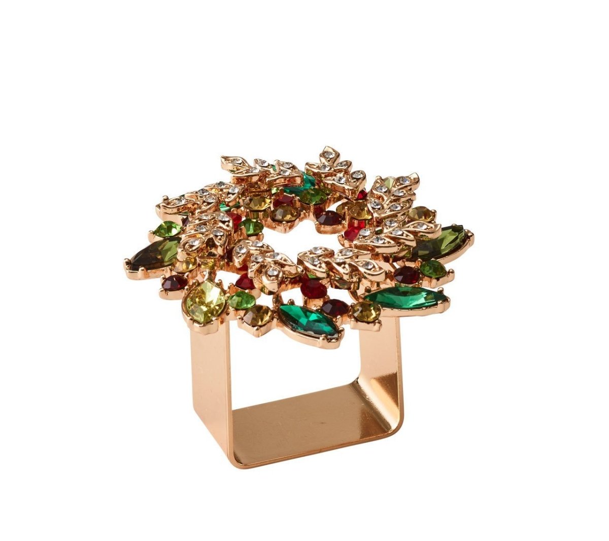 The Kim Seybert Gem Wreath Napkin Ring Set features gold square rings adorned with multicolored gemstones in a circular, floral pattern—ideal for adding festive sparkle to your holiday table setting.