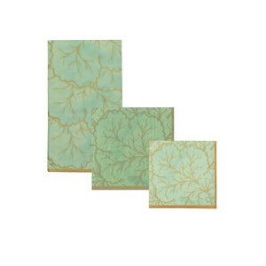 Three Gilded Majolica Celadon napkins by Caspari, featuring gold branch patterns, are shown in descending size order on a white background—ideal for pairing with paper dinnerware or decorative plates.