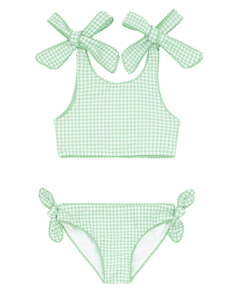 Green and white gingham Minnow Girls' Tie Knot Bikini set with bows, featuring a halter neck top and matching bottoms, isolated on a white background.