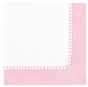 The Caspari Linen Border Petal Pink Collection features a white rectangular cloth with a pink border—perfect for adding charm to your table and elevating your party décor.