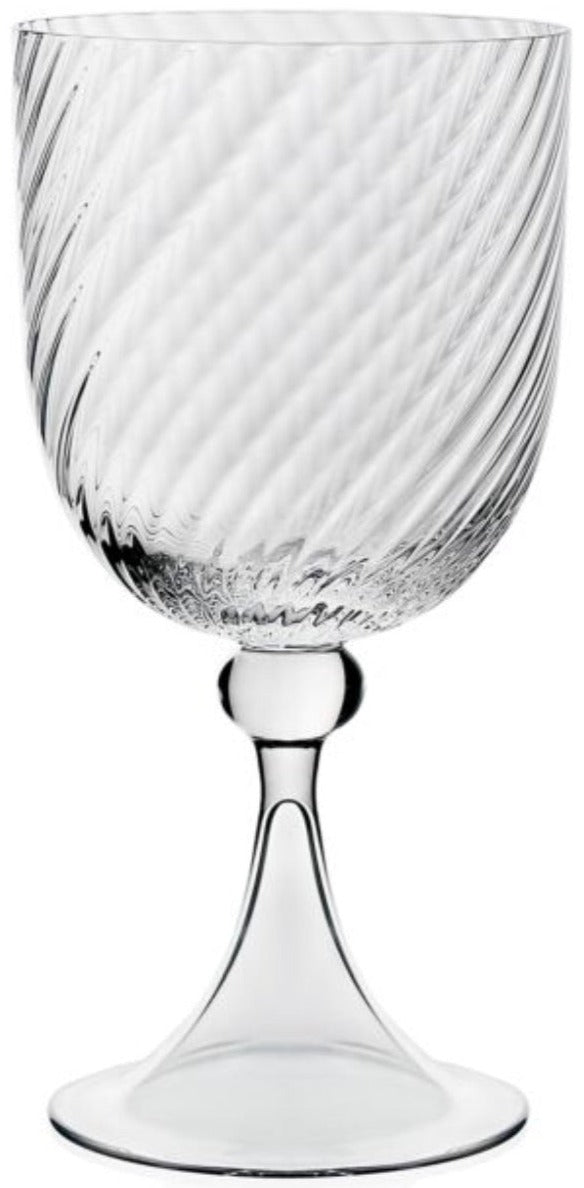 The Venetia Drinkware Collection by William Yeoward Crystal features clear goblets with decorative spiral patterns and elegant stems, inspired by Venetian glassmakers, displayed against a plain white background.