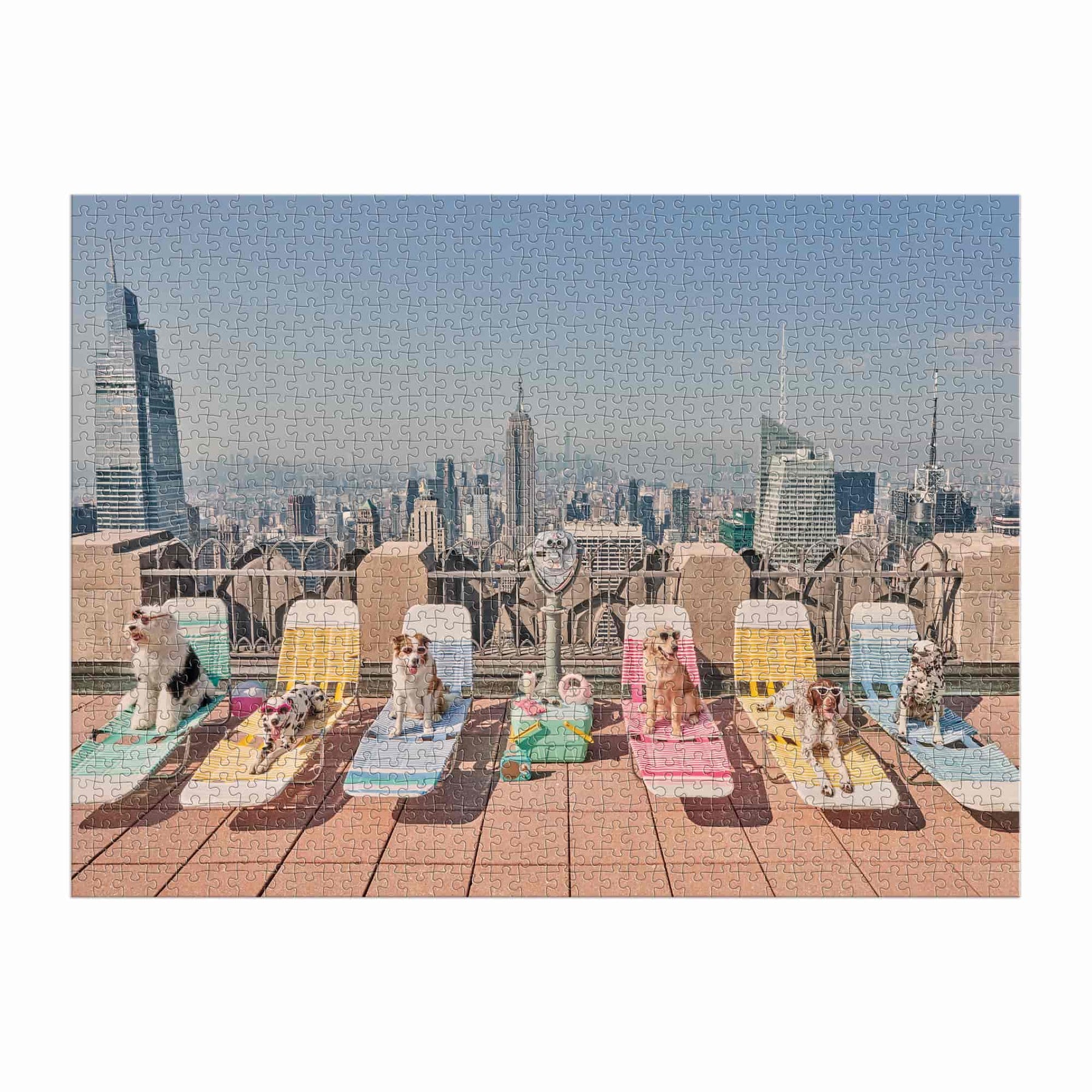 Dogs of New York City bask on vibrant rooftop lounge chairs with a stunning skyline, evoking a Gray Malin photograph. A perfect scene captured in Chronicle Books' "The Dogs of New York City: Gray Malin 1000 Piece Puzzle.