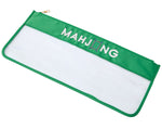 The Oh My Mahjong Stitched Bag from Oh My Mahjong sports a green and white design with "MAHJONG" displayed, a zipper, and a clear bottom section, blending style with practicality.