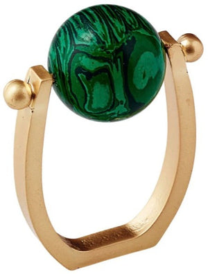 The Kim Seybert Mineral Napkin Ring features a square gold band with a large round malachite stone set between two small gold spheres—ideal for year-round entertaining or as an accent inspired by fine jewelry.
