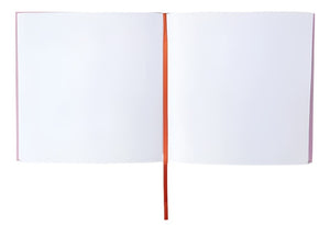 The PrintWorks Be My Guest Book in Rust and Pink features open white pages and a red ribbon bookmark—ideal for capturing cherished memories at any event or adding a stylish accent to your home decor.