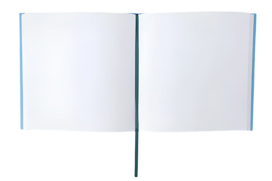 The PrintWorks Guest Book, Green and Blue, features blank white pages and a dark green ribbon bookmark—ideal for guest entries or as a memorable addition to your home décor.