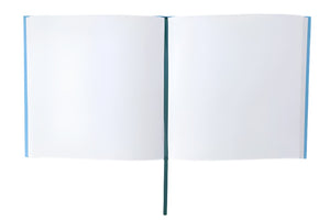 The PrintWorks Guest Book, Green and Blue, features blank white pages and a dark green ribbon bookmark—ideal for guest entries or as a memorable addition to your home décor.