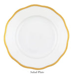 The Herend Gwendolyn White and Gold Collection salad plate features white porcelain with a 24k gold scalloped rim, shown on a white background with "Salad Plate" below—perfect for fans of artistic fine tableware.