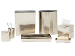 The Hagen Bath Collection by Pigeon & Poodle features shiny nickel accessories including two waste bins, a tissue box, a soap dish, a tray, a container, and a toothbrush holder with two toothbrushes.