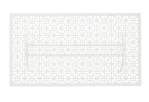 The Haret Outdoor Cocktail Table by Hickory Chair features a white rectangular design with a geometric lattice pattern of intersecting lines and circles, crafted from durable cast aluminum.