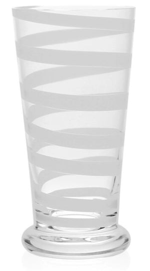 The Bella Bianca Collection tumbler by William Yeoward Crystal features clear glass, a wide base, and an elegant white spiral stripe. Proposition 65 warning: Contains chemicals known in California to cause cancer or reproductive harm.