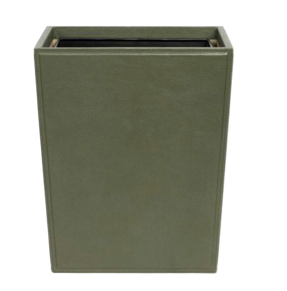 The Asby Desk Accessory Collection by Pigeon & Poodle features an olive green rectangular waste bin with a smooth, full-grain leather-like texture and open top—an elegant addition to any refined workspace.