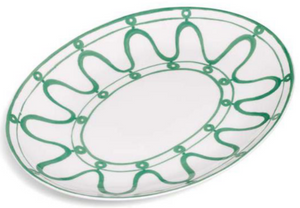 Themis Z Serenity Green Serving Platter: clear glass with green wavy, dotted patterns and curved lines around the rim, displayed on a white background. Part of the Serenity collection.