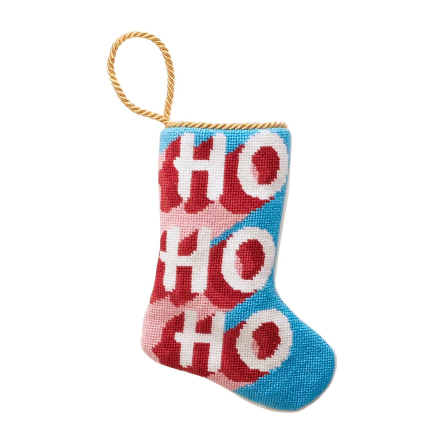 The Buru: Ho Ho Ho, Here We Go Needle Point Stocking by Bauble Stockings features a hand-stitched blue and red design with bold white “HO HO HO” letters, gold hanging loop—perfect festive decor or a charming holiday Bauble Stocking.