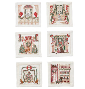 The Holiday Paws Cocktail Napkin Set by Kim Seybert includes six embroidered squares featuring festive dogs, cats, and Christmas décor—making them the perfect holiday accessory and a charming gift for pet lovers.