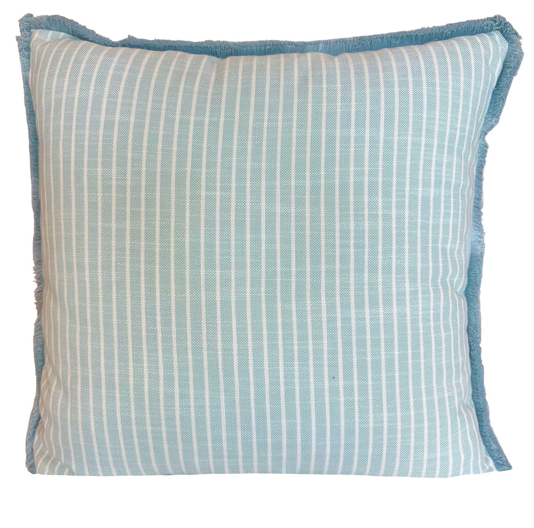 The Bayside Stripe Outdoor Pillow by Associated Design features light blue and white vertical stripes with a blue fringed border, crafted from premium materials, shown against a white background.