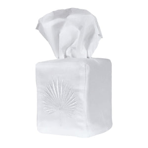 The Huck White Palm Leaf Collection by Haute Home features a cotton white tissue box cover with a machine-embroidered palm leaf design for a sophisticated touch.