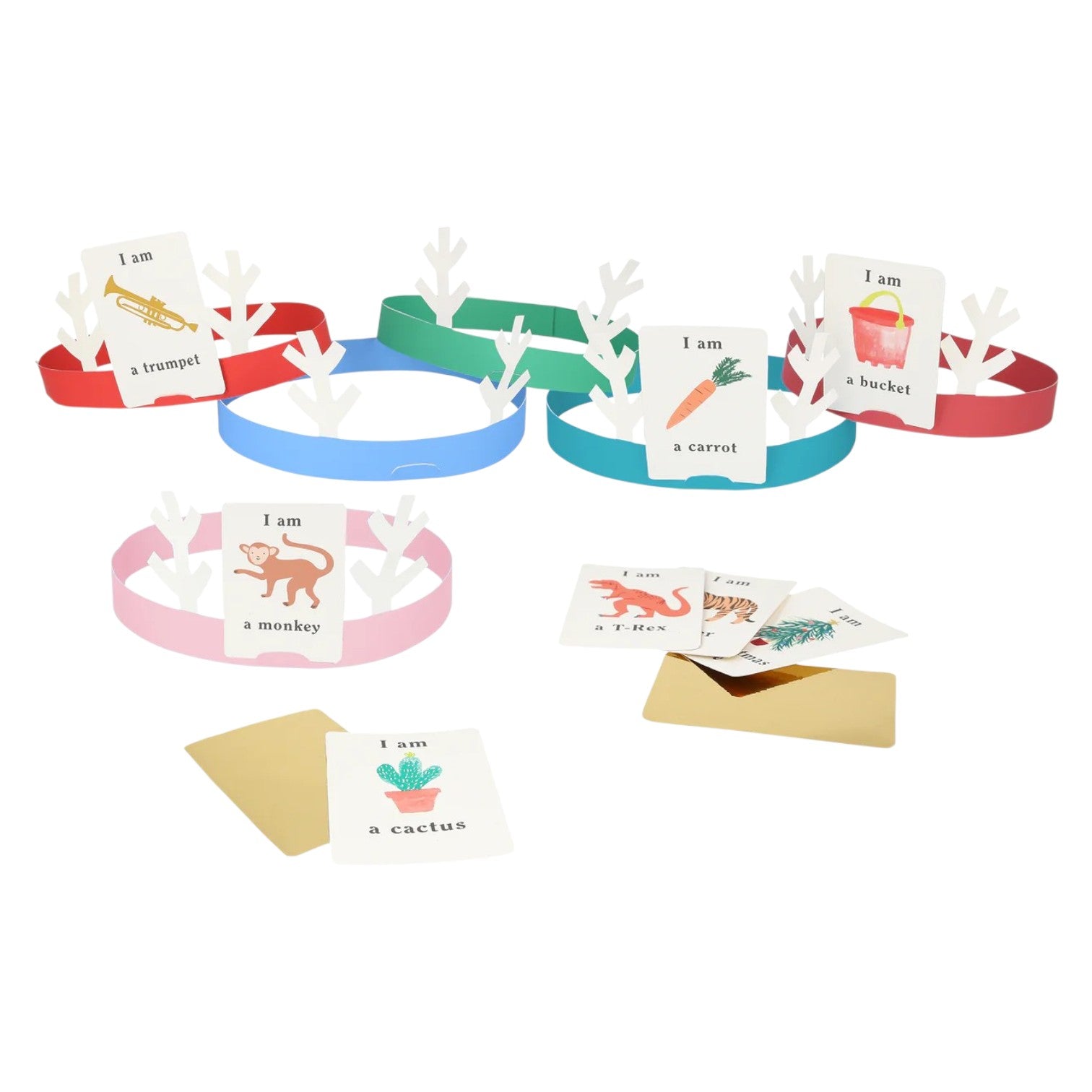 Santa, Reindeer & Tree Crackers by Meri Meri include four festive headbands with white antlers to hold illustrated cards and text. Extra cards and envelopes make this set perfect for a holiday table or family game.