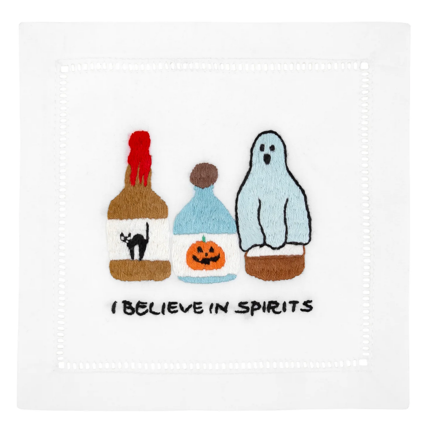 On elegant cotton, the August Morgan Cocktail Napkins display three embroidered bottles—a black cat, a pumpkin, and a ghost—with "I Believe in Spirits" in classic hemstitching.