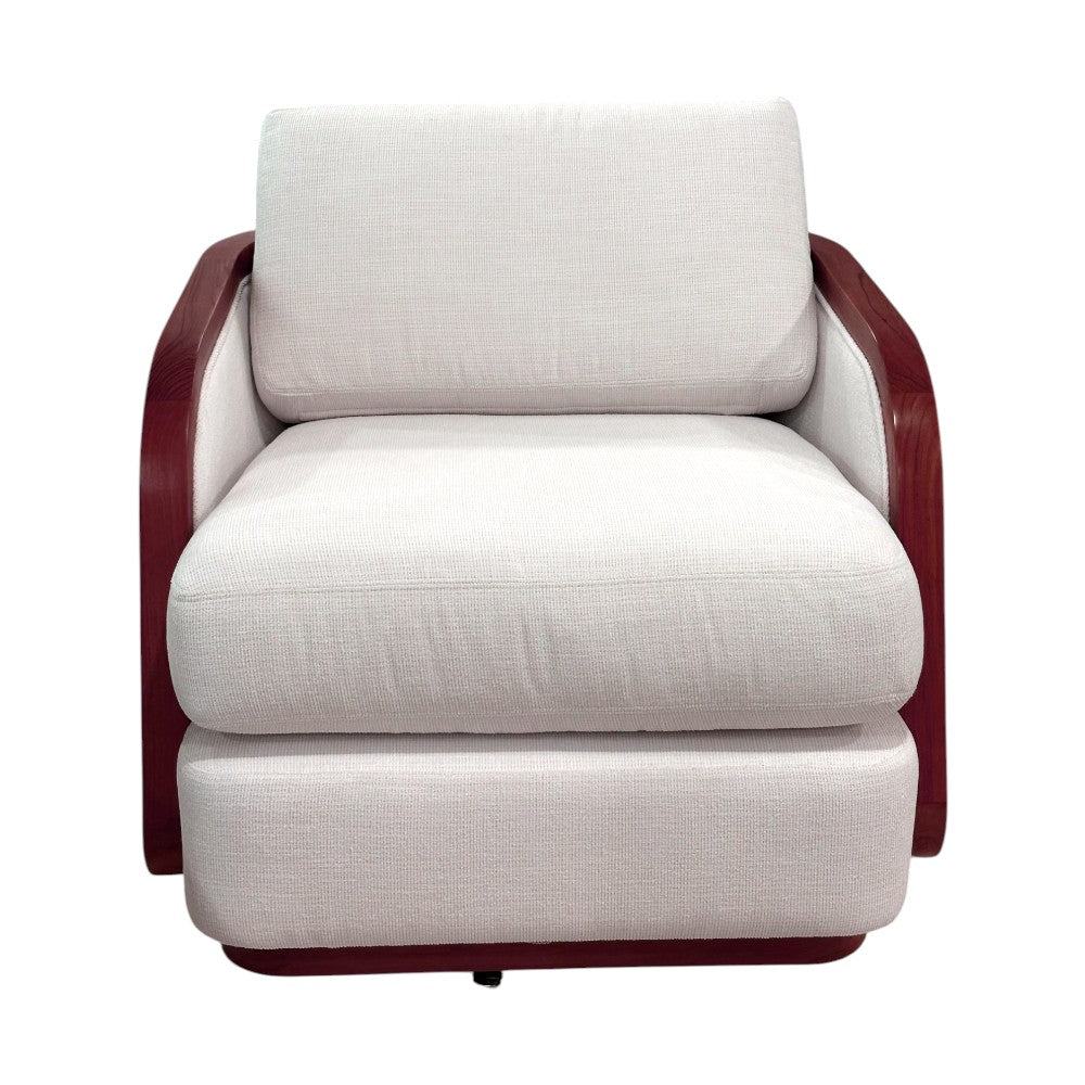 The McGuire Furniture Schooner Swivel Lounge Chair in Outdoor Ivory Chenille features white cushioned seating and dark wooden curved armrests, crafted from naturalistic materials, shown from the front against a white background.