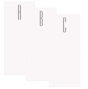 Three overlapping rectangular sheets labeled A, B, and C from left to right, each with a large letter at the top—printed on sturdy 80# card stock like Black Ink’s Gray Initial Skinny Notepad for a premium touch.