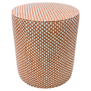 The Lee Industries Outdoor Drum Ottoman in Wicker Outwick Mandarin adds stylish outdoor seating with its vibrant orange and white design.