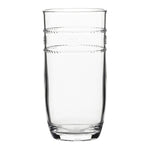 A clear, tall glass with two decorative ridges near the top—a perfect piece from Juliska’s Isabella Clear Acrylic Drinkware Collection for the adventurous entertainer.