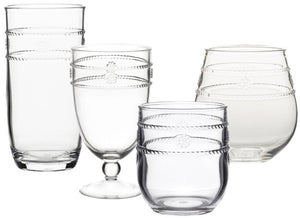 The Juliska Isabella Clear Acrylic Drinkware Collection features four acrylic glasses in assorted shapes, each adorned with embossed beaded bands and floral details—perfect for the adventurous entertainer.