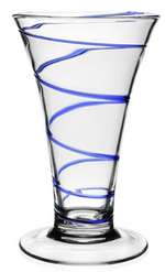 The Bella Blue Vase by William Yeoward Crystal is a handmade glass piece with an elegant flared shape, featuring blue spiral lines around its body and resting on a round base.