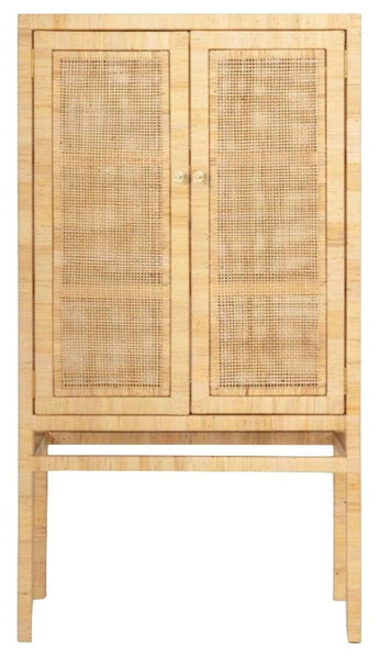 A light wooden Isla Standing Cabinet Collection with two cane webbing doors and a simple four-legged base, isolated on a white background. (Made Goods)