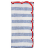 The Amalfi Napkin Set by Kim Seybert features folded linen napkins with blue and white horizontal stripes and a red scalloped trim on one side, inspired by Mediterranean style—perfect for bringing charm to your table.