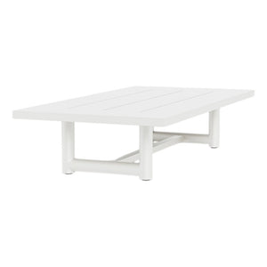 The HARBOUR OUTDOOR Breeze XL Coffee Table in White features a rectangular slatted top with subtle teak accents and four cylindrical legs connected by crossbars.