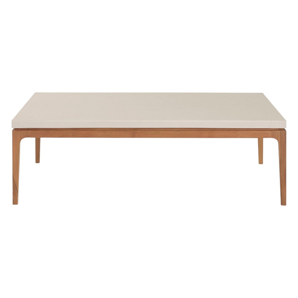 The Sloop Rectangle Cocktail Table by McGuire Furniture features a natural teak base and Bianco Crema Dune top, blending natural materials for a coastal vibe. Shown from the front against a white background.
